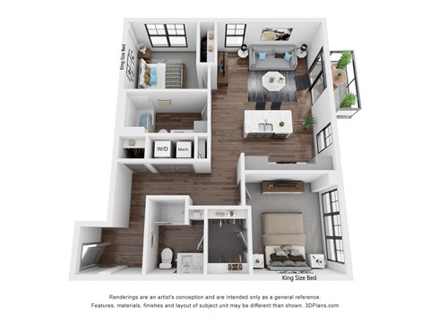 Floor plan for 2 beds, 2 baths, 1032 sqft